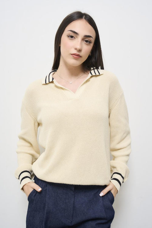 Maglia donna con colletto panna