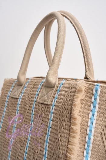 Borsa donna in rafia a righe beige - 4