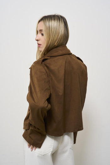 Women's brown suede cropped trench coat - 4