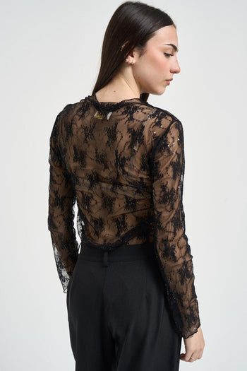 T-shirt donna manica lunga in pizzo nera - 3
