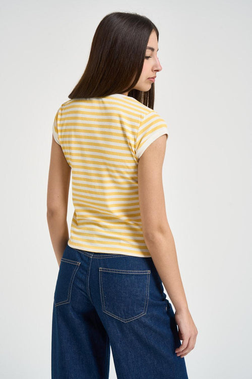 T-shirt donna a righe gialla e bianca - 2