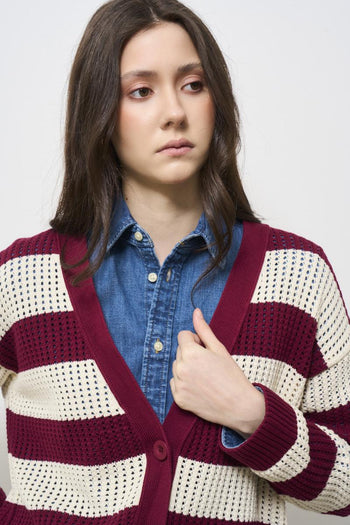 Cardigan donna bordeaux a righe - 3