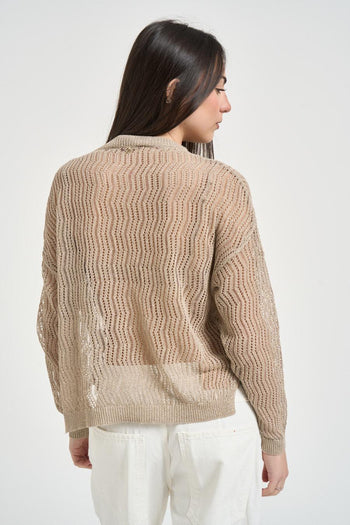 Maglia donna girocollo traforata beige - 3