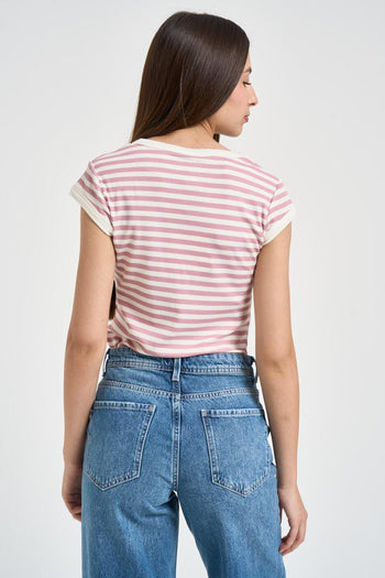 T-shirt donna a righe rosa e bianca - 3