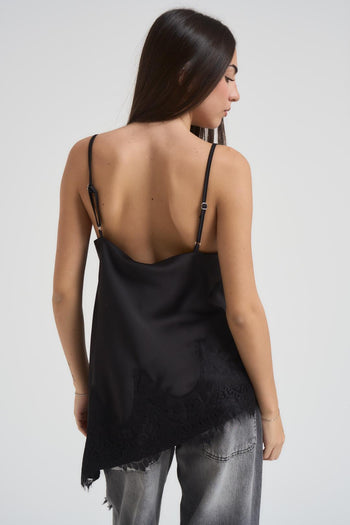 Top donna asimmetrico satinato in pizzo nero - 5
