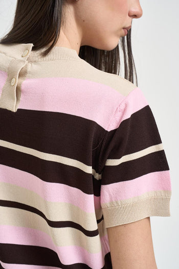 Maglia donna girocollo righe rosa e marrone - 4