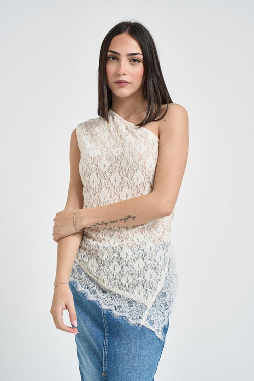 Top donna monospalla in pizzo panna - 2