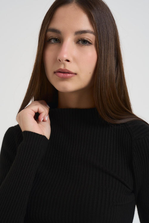 Maglia donna girocollo a costine nera - 2