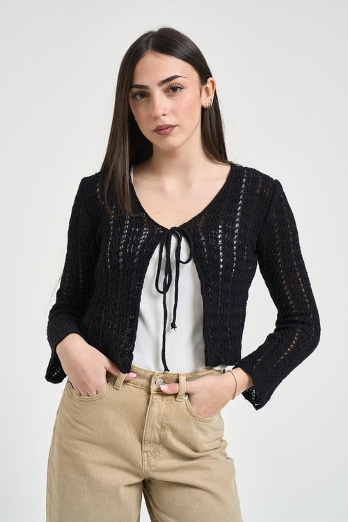 Cardigan donna in maglia traforata nero - 1