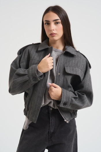 Bomber donna gessato in fresco lana grigio - 4