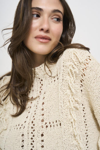 Women's cream perforated crew neck sweater - 3