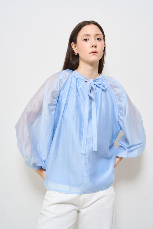 Camicia donna celeste con fiocco - 1