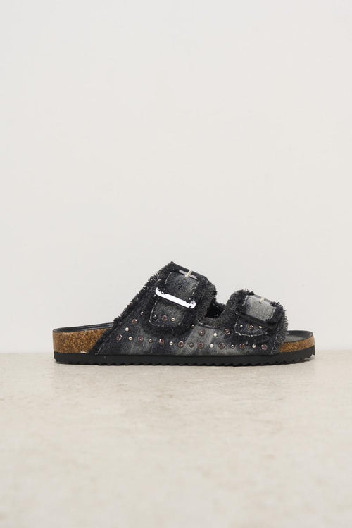 Sandali donna in denim nero con strass e borchie