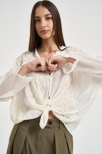 Camicia donna con ricami floreali burro - 3