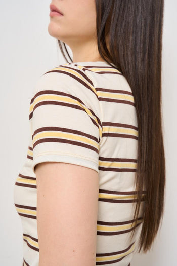 T-shirt donna girocollo a righe beige e panna - 4