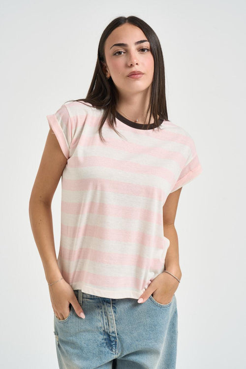 T-shirt donna a righe bianca e rosa - 1