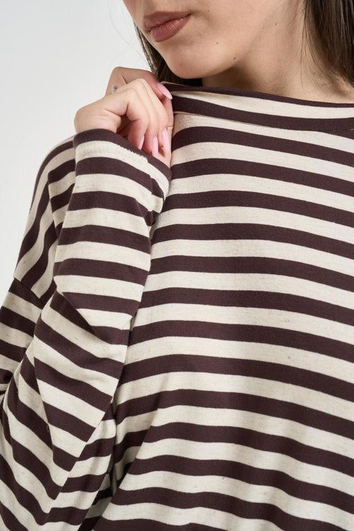 Maglia donna girocollo a righe marrone - 2