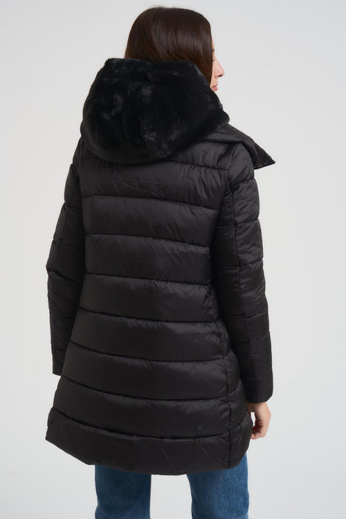 Piumino donna lungo svasato con pettorina e cappuccio in eco pelliccia nero - 2