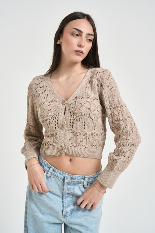 Cardigan donna cropped in maglia traforata corda