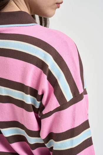 Polo donna a righe marrone e rosa - 4