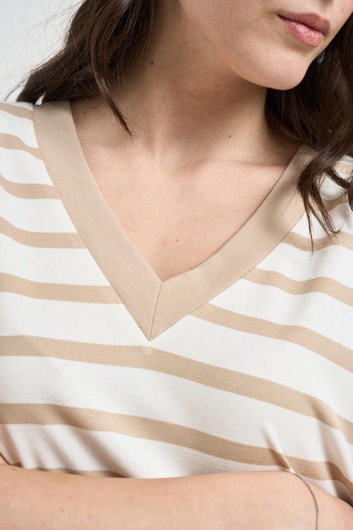 T-shirt donna a righe bianca e beige - 2