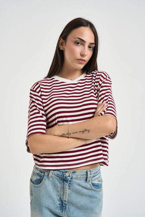 T-shirt donna a righe bordeaux e panna - 2
