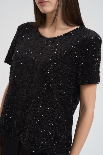 T-shirt donna girocollo con paillettes nera - 3