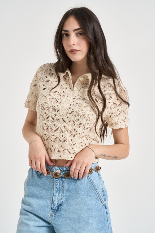Polo donna in maglia cropped latte - 2