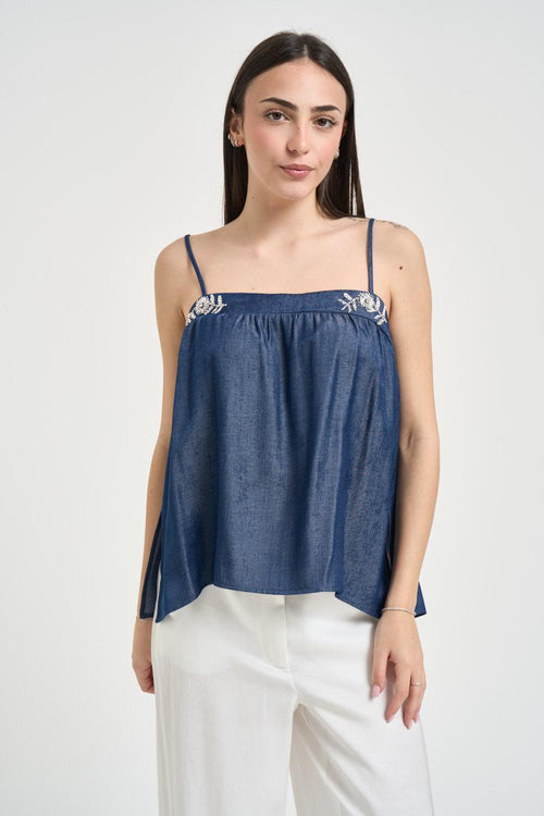 Top donna scollo dritto in denim