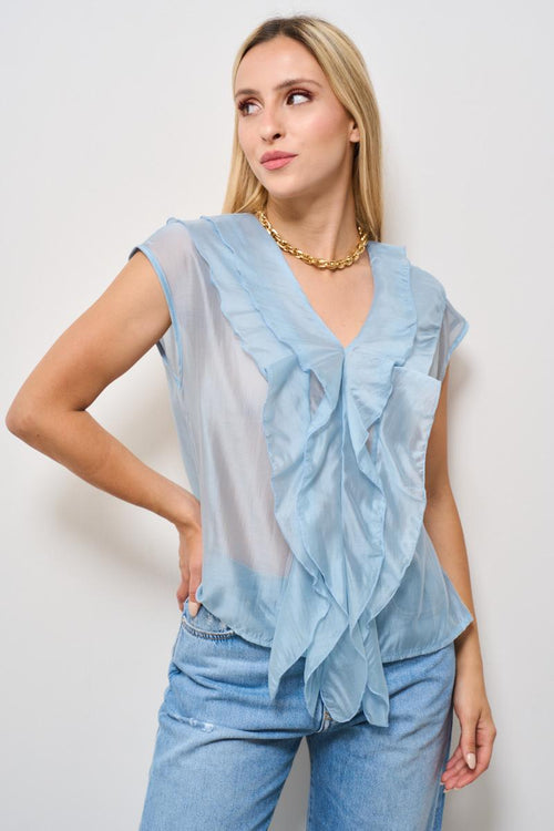 Top donna con rouches celeste