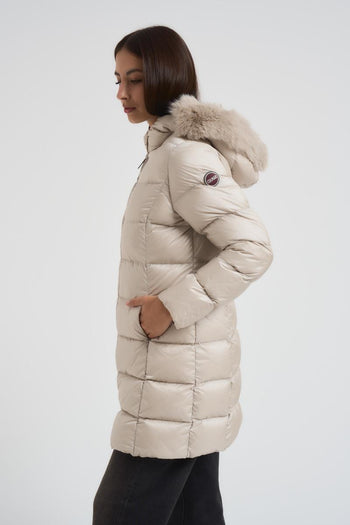 Piumino donna trapuntato con bordo in vera pelliccia panna - 3